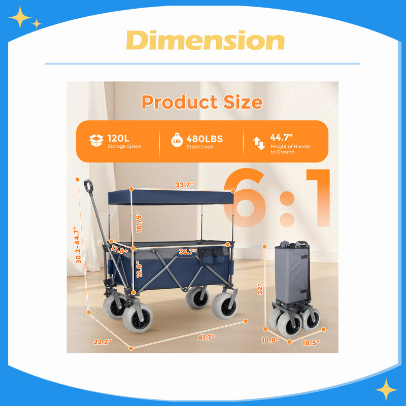 Chariot de chariot pliant multifonctionnel avec poignée flexible et auvent, chariot utilitaire robuste avec pneus de plage de 9 po x 4 po pour le camping et la plage, le transport, l'épicerie, les sports, 480LBS / 120L