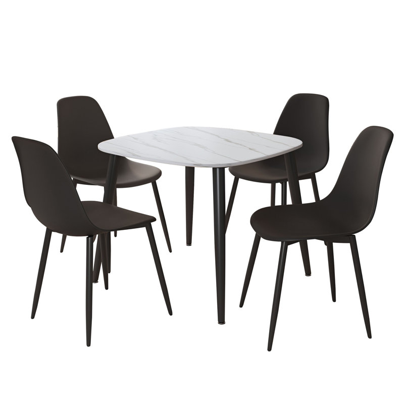 Aspen Gloss White Sintered Stone Square Table with 4 Plastic Curve Chairs - Modern Dining Set, Black