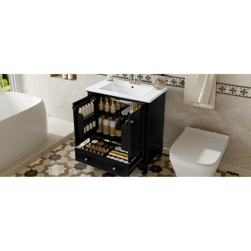 Meuble-lavabo noir de 30 po, lavabo, bois d'hévéa massif, armoire avec portes, un tiroir, glissières de tiroir, tablette réglable, finition lisse en céramique, lavabo simple à fixation centrale, rebord plat,