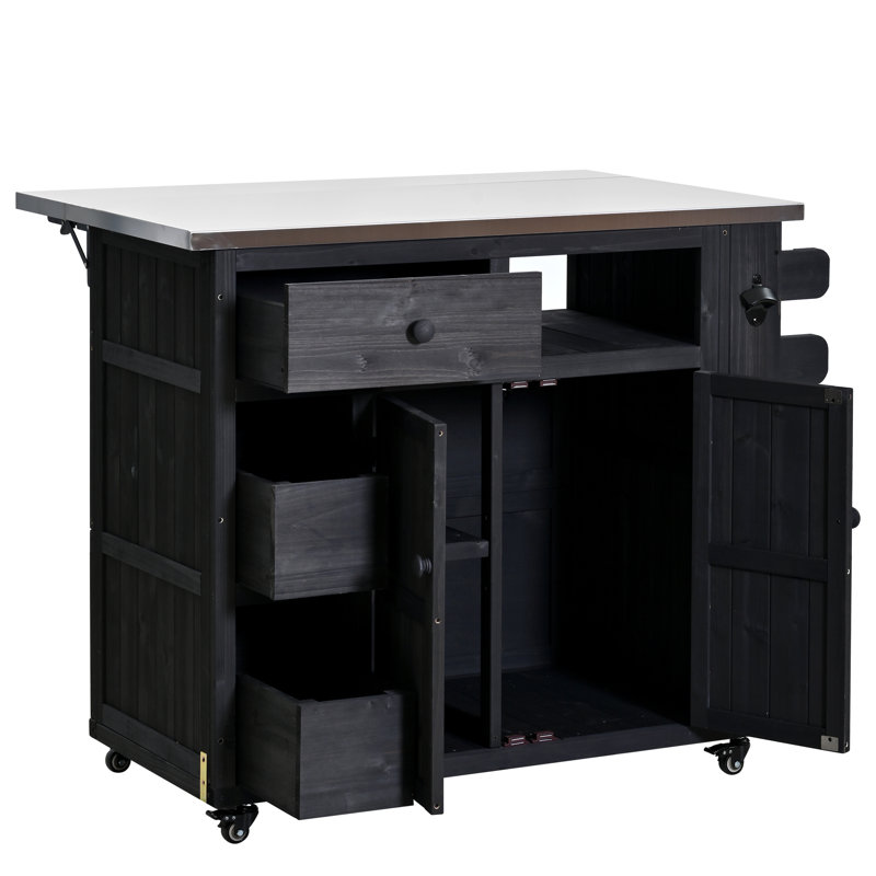 Outdoor Solid Wood Extendable 19.3"/28" Kitchen Island, Stainless Steel Top Grill Table with Side Spice Rack, Kitchen Cart with Drawers, Storage Cabinet for Backyard, BBQ,Party, Black