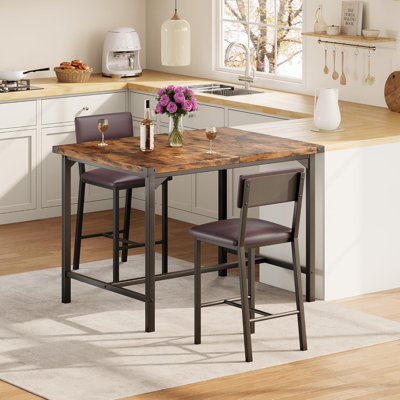 Garvee Dining Table Set for 2 w/Footrest & Corner Protector, 3-Piece Kitchen Table Set with Backrest, Counter Height Table with 2 Upholstered Bar Stools for Dining Room, Apartment