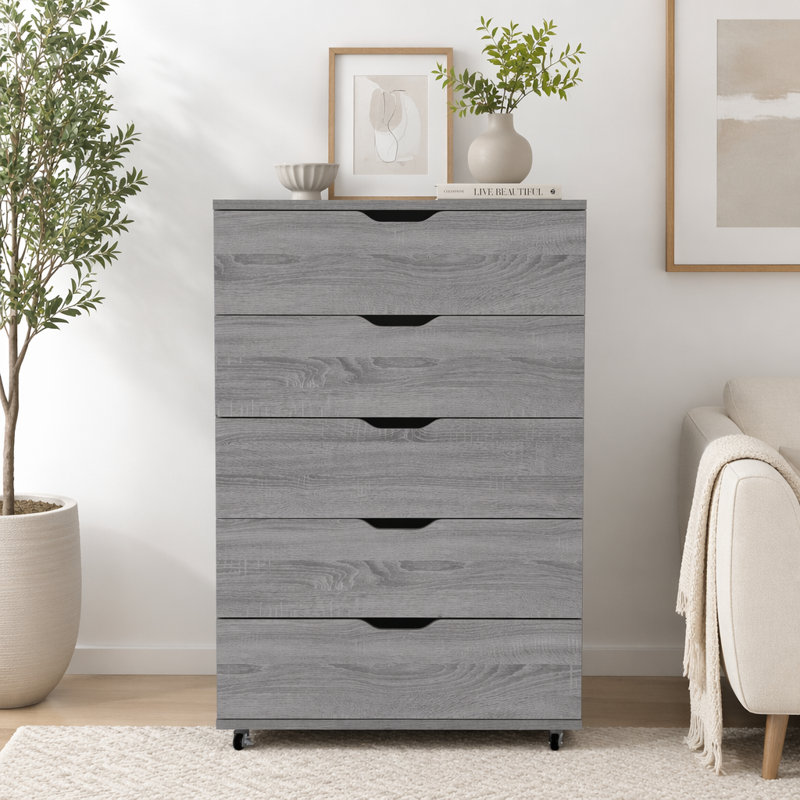 Commode mobile à 5 tiroirs avec roulettes, Gris