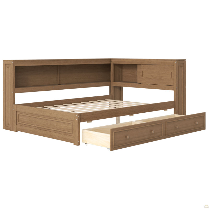 Lit de jour en bois pleine grandeur avec tablettes de rangement, USB, DEL et 2 tiroirs, Bois