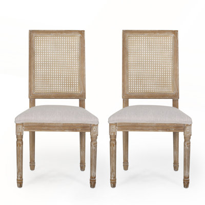 French Country Inspired Dining Chair Set Of 2 With Elegant Cane Backrest And Plush Upholstered Seats For Timeless Elegance