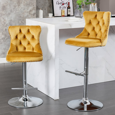 Tabourets de bar réglables en velours avec base pivotante dorée, ensemble de 2