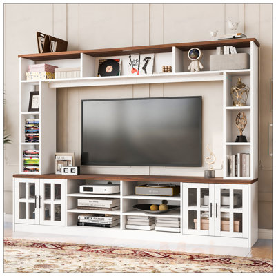 Meuble audio-vidéo mural moderne avec tablettes pour téléviseurs de 80 po ou moins, portes en verre trempé et tablettes réglables