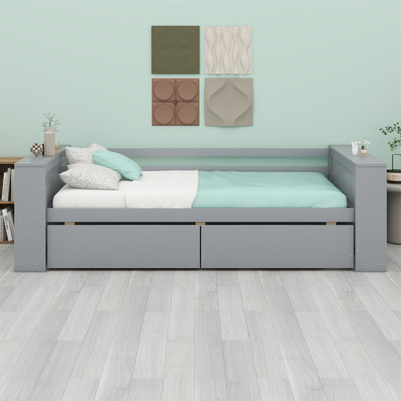 Lit de jour avec tablettes et tiroirs, Gris