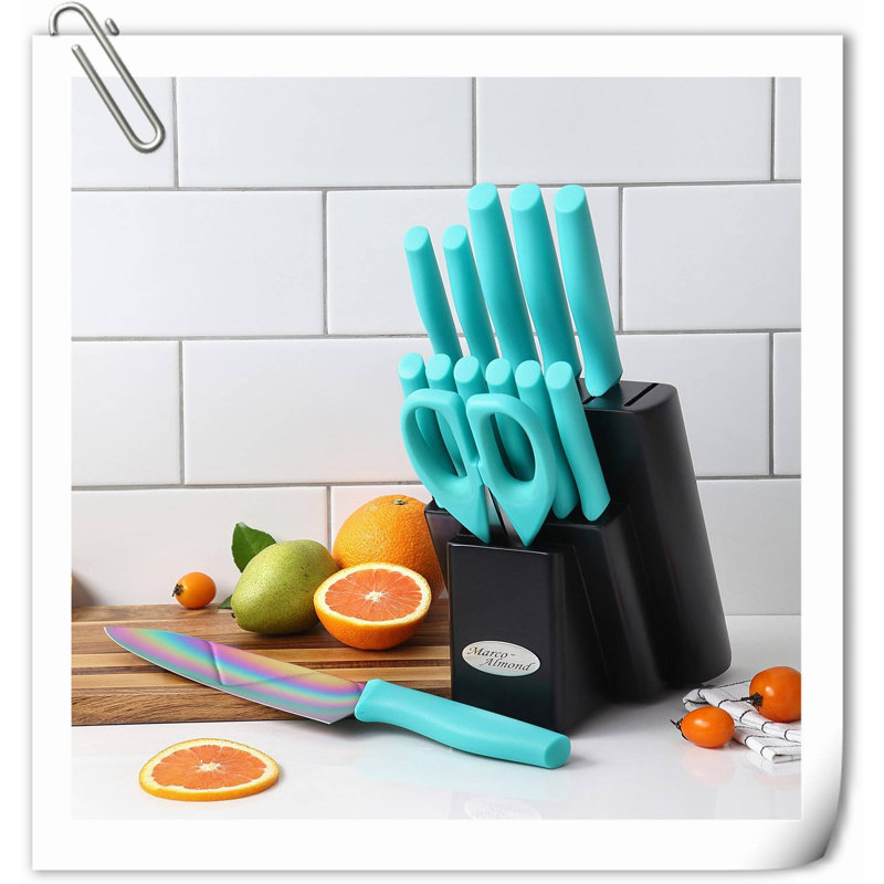 Rephen Knife 14 Piece High Carbon Stainless Steel and Carbon Steel Knife Block Set, Teal