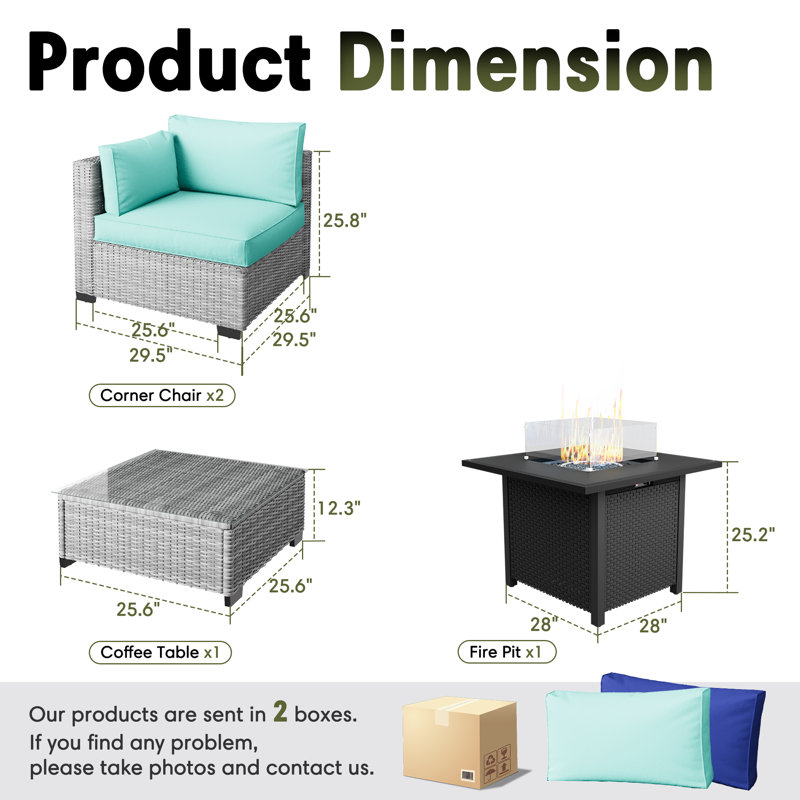 No-Assembly Chairs, 2-Person Patio Furniture Set Durable Wicker Outdoor Sectional Seating Group Outdoor Conversation Sofa With Fire Pit
