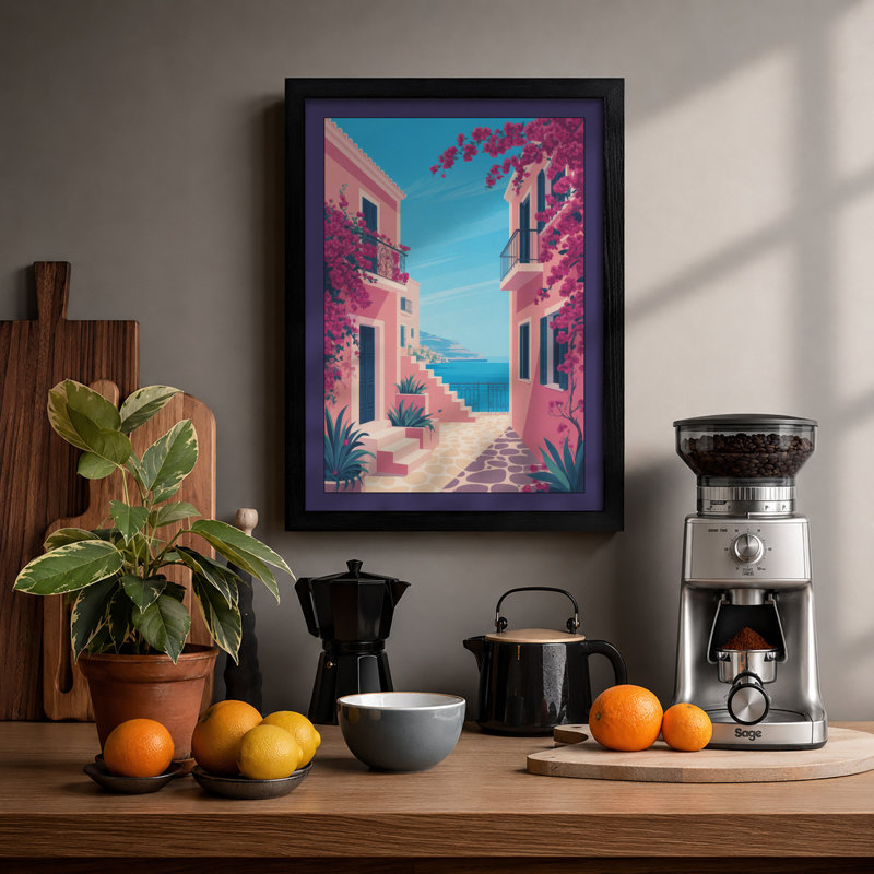 Mediterranean Escape Coastal - Framed Print, A2 - 59.4 x 42.0 cm, Black