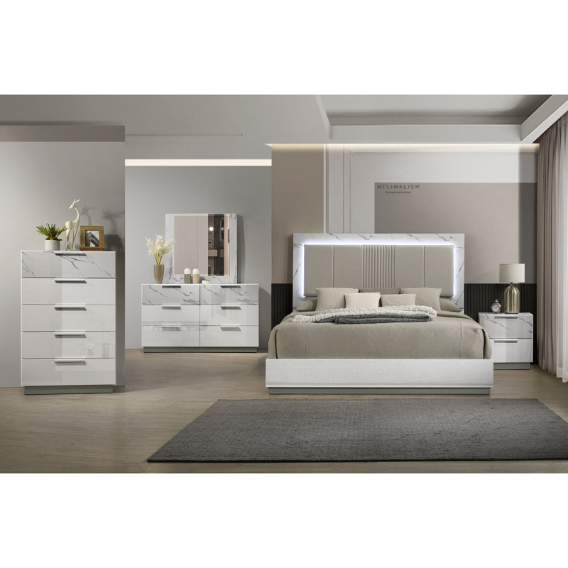 Commode blanche brume - Finition bicolore très brillante en marbre et laque avec cinq tiroirs à glissement lisse