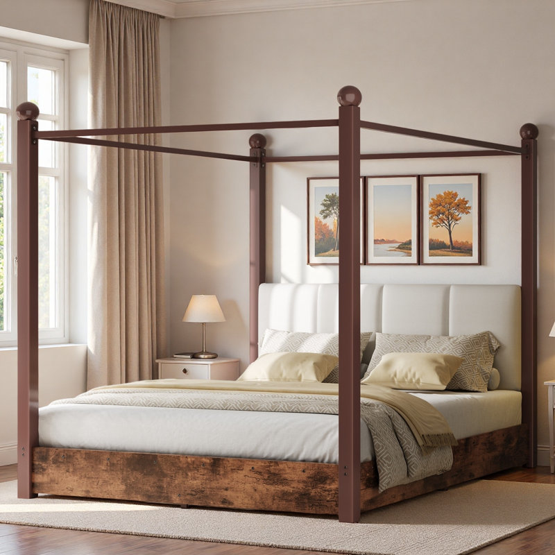 Lit plateforme à baldaquin avec tête de lit tapissier et structure en métal, Queen, Brown