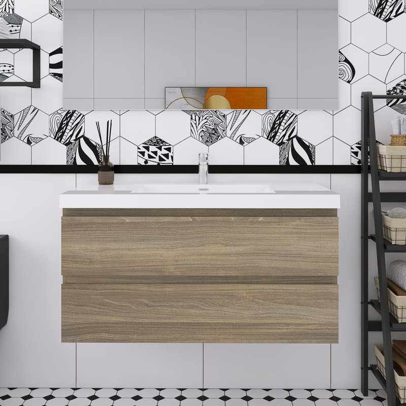 Meuble-lavabo mural simple avec plateau en résine, 42", Gris cendre