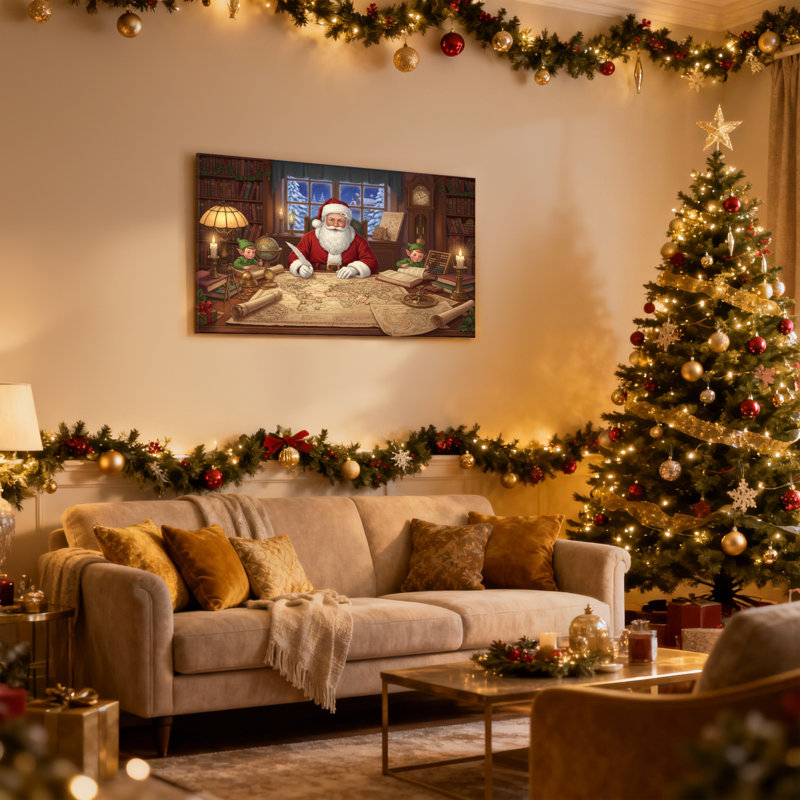 Ensemble de 3 impressions sur toile de Noël, père Noël à l'atelier avec elfes, H 20 po x l 30 po