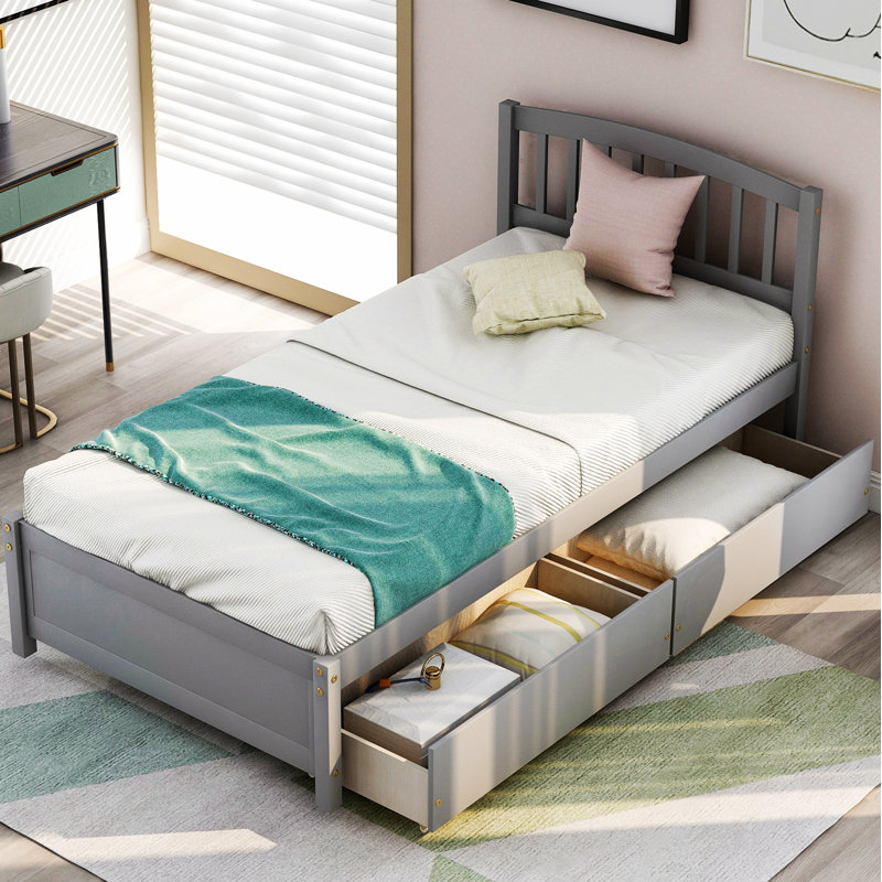 Lit plateforme avec rangement à deux tiroirs et tête de lit, alliant design épuré et rangement pratique pour les chambres à coucher modernes.