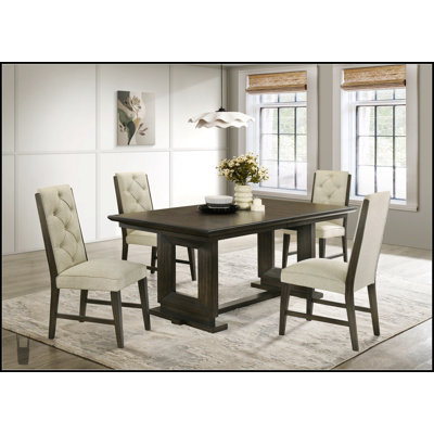 Table de salle à manger extensible 5 pièces rectangulaire avec base en tréteaux et chaises rembourrées en tissu beige