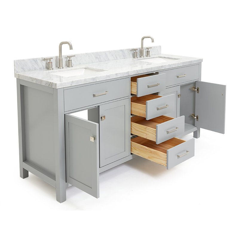 Abbate 72" Double Bathroom Vanity with Carrara White Marble Top, Rectangular, 73″, Gray