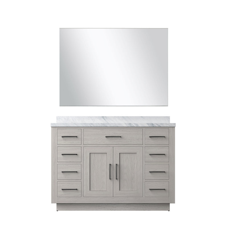 Ensemble de meuble-lavabo simple 48 "avec miroir, Marbre de Carrare blanc, Chêne blanc