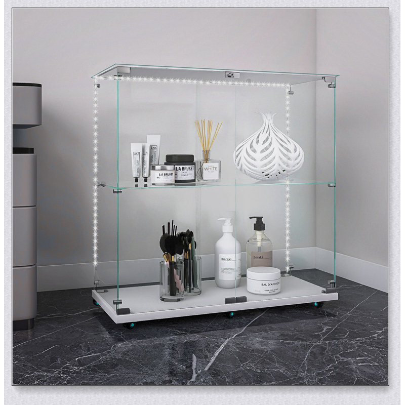 Vitrine en verre trempé et armoire à vin avec DEL Bluetooth, roulettes verrouillables pour un placement polyvalent