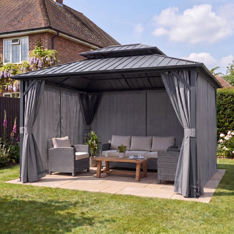 GRDN living Haven 3.6m x 3m Hardtop Gazebo with Double Metal Roof in Anthracite Grey with Curtains