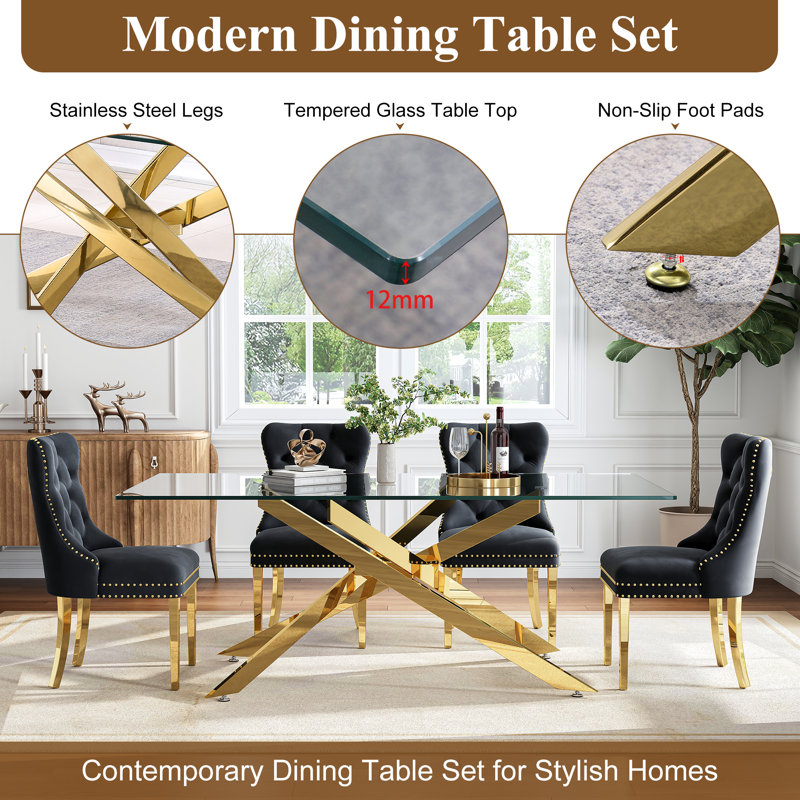 78.7" Rectangle Glass Dining Table Set With Polished Stainless Steel X-Base And Velvet Upholstered Nailhead Trim Dining Chairs(Set Of 9)