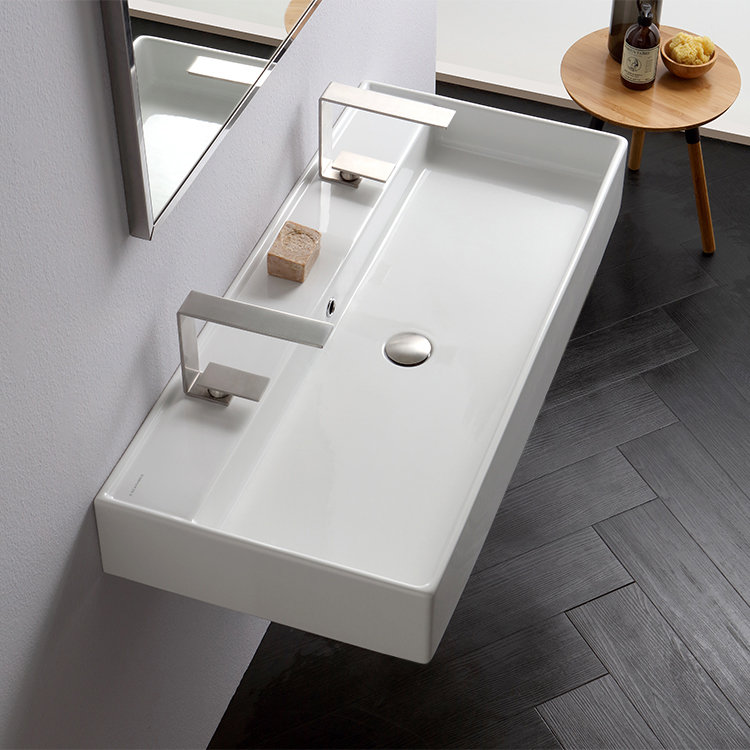 Glossy White Ceramic Wall Mounted Double Faucet Bathroom Sink