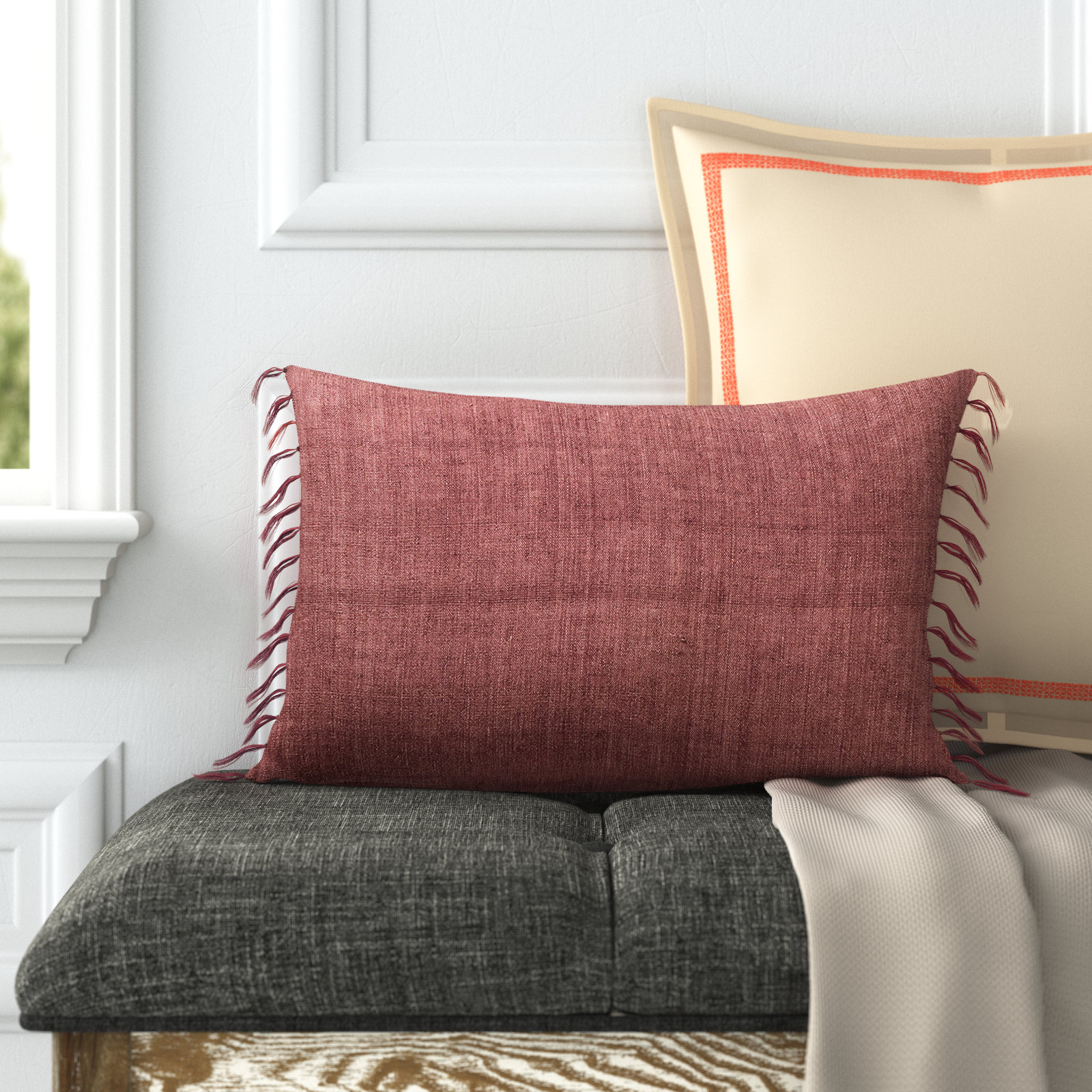 Sharron Tassels Linen Lumbar Throw Pillow, Rose, Polyester/Polyfill
