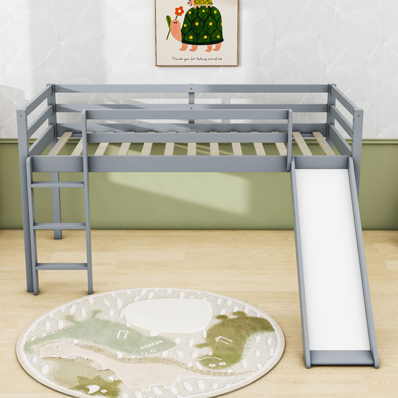 Lit mezzanine simple en bois avec échelle intégrée et glissade, gris