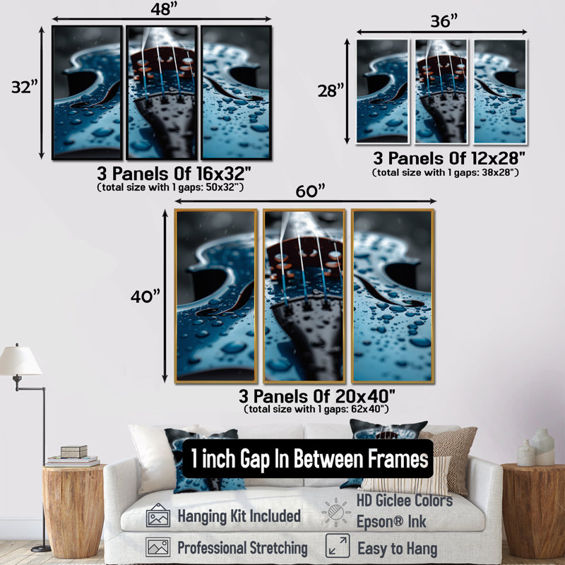 Music Blue Instument Violin - Ensemble de décoration murale musique, H 32 po x l 48 po x P 1 po
