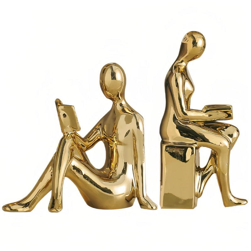 Decorative Reading Figure Bookends Set of 2, Gold Ceramic Book Ends for Home, Office & Shelves, Creative Shelf Decorations, Gift for Book Lovers
