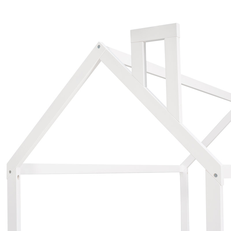 Wooden Floor House Bed Frame with Safety Fence, Silver, Twin