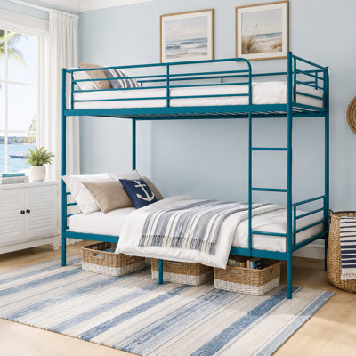 Heavy Duty Noise-Free Splittable Metal Bunk Bed, Twin Over Twin Size Bed with High Guardrails and Ladder, No Box Spring Required, Underbed Storage Design for Home, Dorm, Kids and Adults,Blue