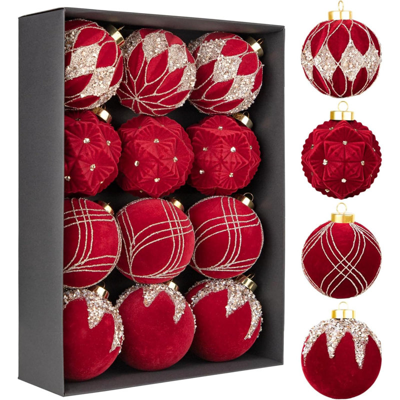 12 boules de Noël - décoration d'arbre de Noël, rubans rouges de 80 mm (4 styles), ensemble d'ornements de Noël convenant à Noël