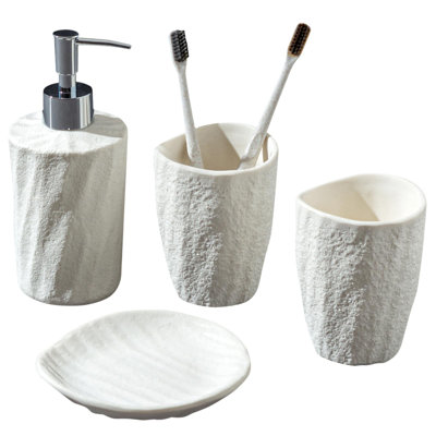 Ensemble d'accessoires de salle de bain, ensemble d'accessoires de salle de bain 4 pièces aspect pierre moderne avec distributeur de savon à main 11,5 oz, porte-brosse à dents, porte-savon de bar (blanc)
