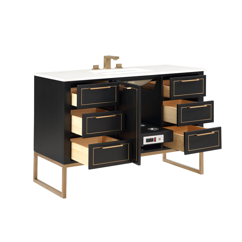 Markham 48'' W Single Vanity, Universal Calacatta Quartz, Midnight Black, Satin Brass