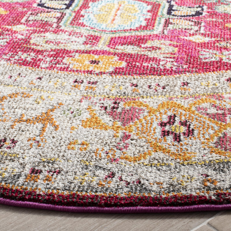 Hertzler Southwestern Wool Fuchsia/Light Gray Area Rug, Round 6'7"