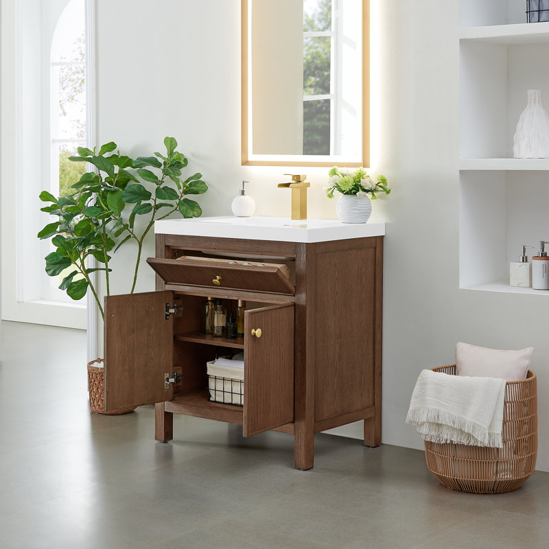 Lala 30" Single Bathroom Vanity in Engineered Stone Integrated Sink without Mirror, Brown Brushed Oak