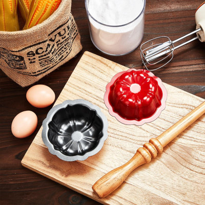 Fluted Mini Cake Pan Nonstick Fluted Cake Pan Carbon Steel Tube Metal Tube Oven Baking Mold with Flower Shape for Cupcake, 24 Pcs, (Red)