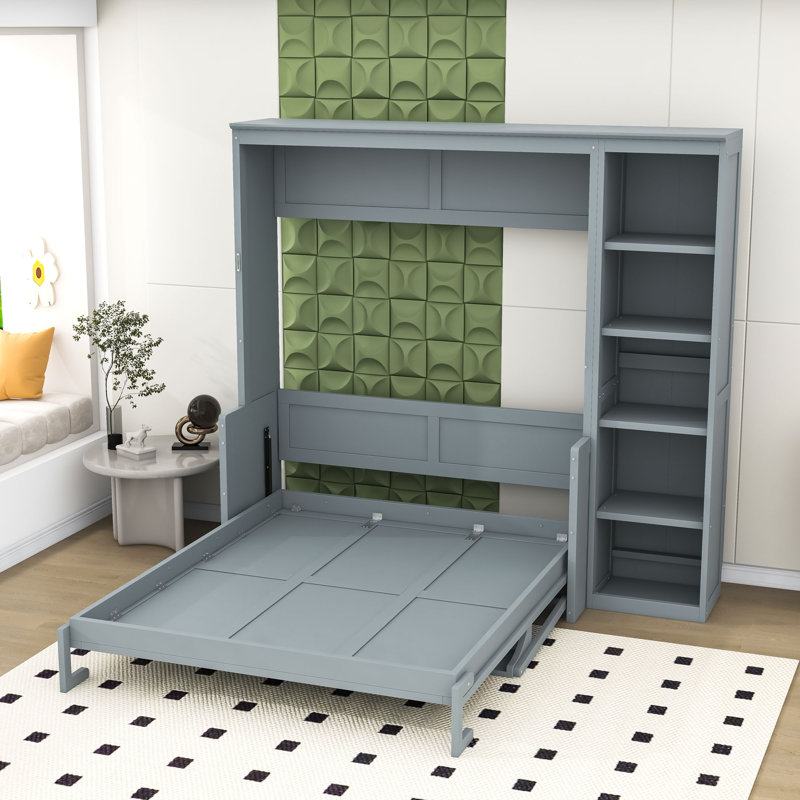 Lit escamotable mural Ell Elletsville avec tablettes, Grand, Blanc, 1 Bed and 2 Side Cabinet Storage Shelf