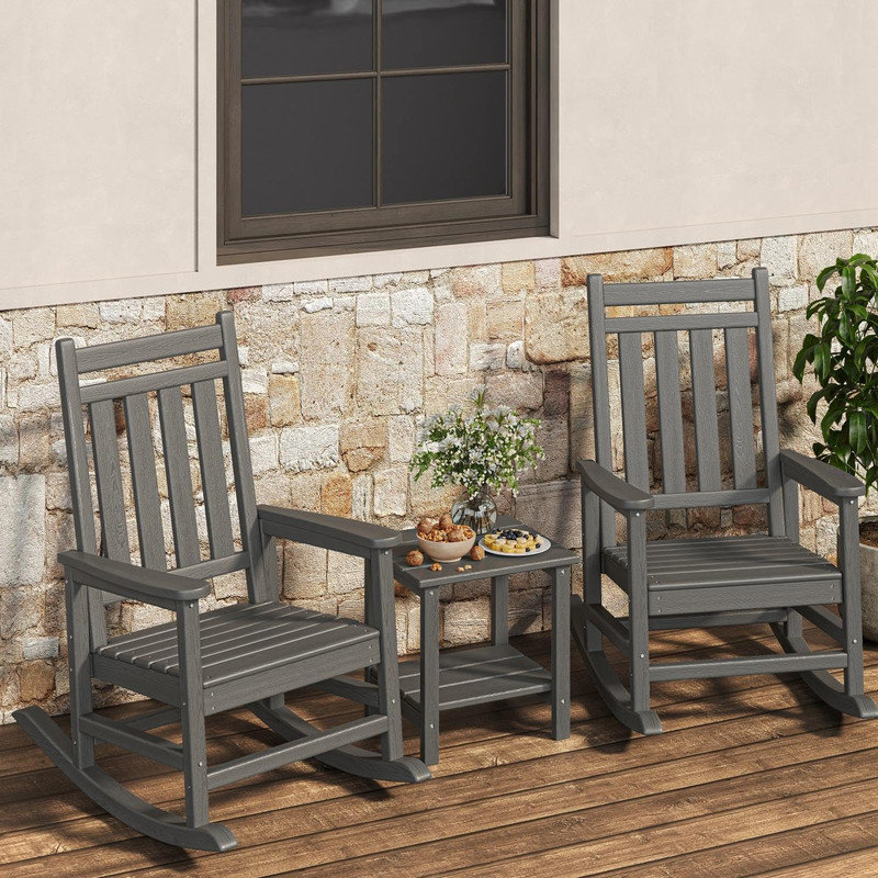 Set of 2 HDPE Outdoor Rocking Adirondack Chairs with Side Table, Poly High Back, 350 lbs Capacity All-Weather Patio Furniture for Front Porch, Garden
