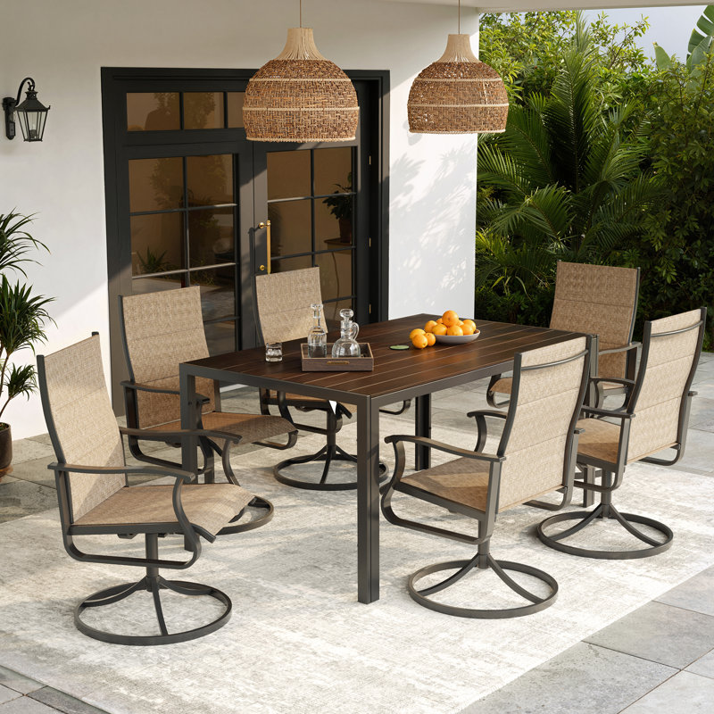 7-Piece Patio Dining Set with Rectangular Table – Outdoor Waterproof Padded Dining Chairs, All-Weather Wicker, Rust-Resistant Frame for Backyard, Deck, or Poolside