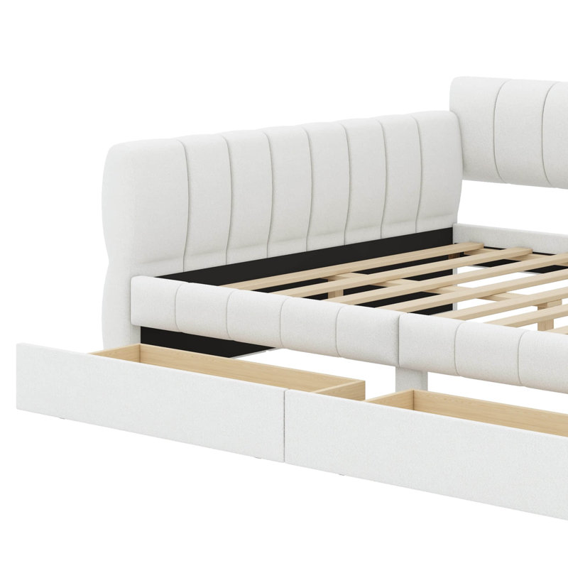 Grand lit tapissier avec options de chargement et de rangement USB intégrées, Blanc
