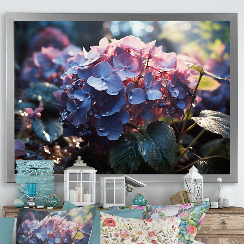 Champ d'hortensia mauve - imprimé, H 34 po x l 44 po x P 1,5 po, Cadre simple argenté