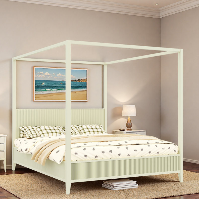 Lit plateforme à baldaquin en bois avec panneau cannelé et pieds robustes, King, Beige