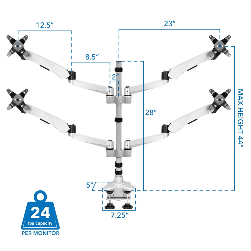 Silver Quad Monitor Desk Mount with Adjustable Arms