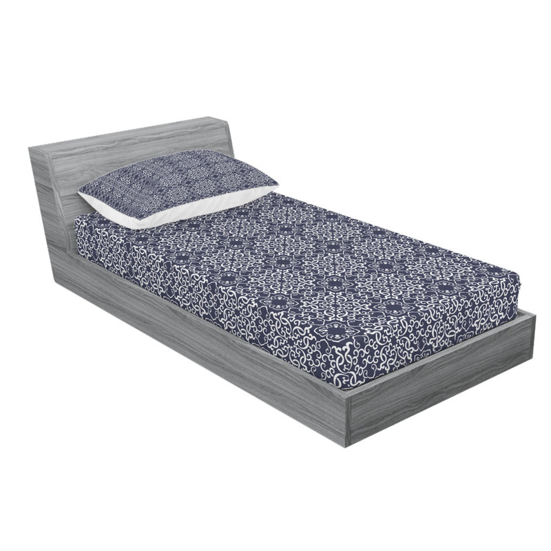 Damask Microfiber Damask Sheet Set, Navy Damask, Twin Sheet Set + Fitted Sheet + 1 Pillowcase