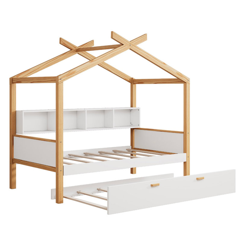 Cadre de lit en bois original en bois avec lit gigogne simple et bibliothèque pour enfants ou chambre d'amis
