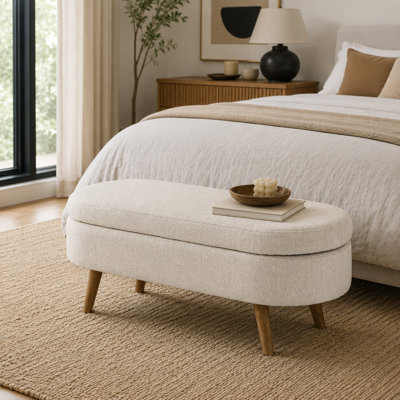 Beige Oval Fabric Storage Bench with Natural Rubberwood Legs – 43.5-Inch Flip-Top Storage – Dual-Use Bedroom/Entryway Seat & Footrest