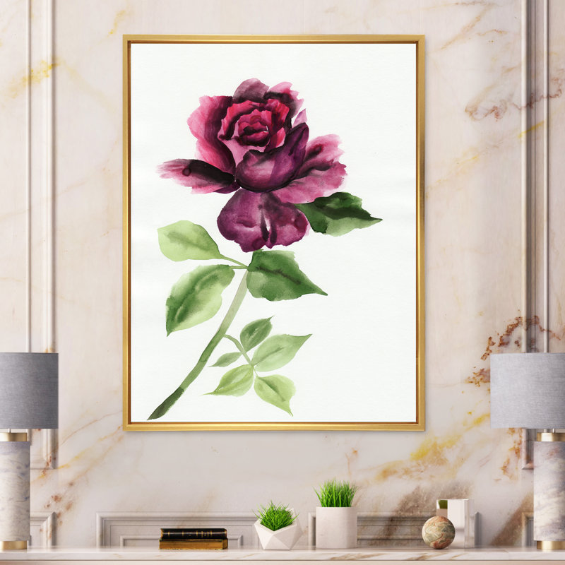 Rose rouge avec bourgeons - Art mural sur toile traditionnel, H 12 po x l 20 po x P 1 po, Toile encadrée flottante dorée