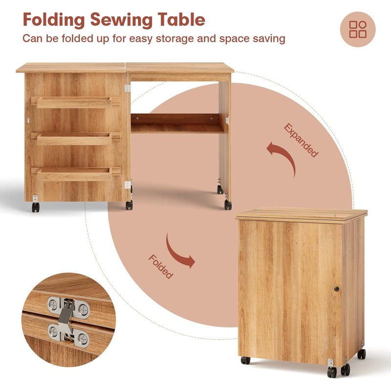 Folding Sewing Craft Table with 3 Storage Bins and Shelves